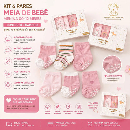 Kit 6 Pares Meia De Bebê Algodão  Menina 00-12 M- Original