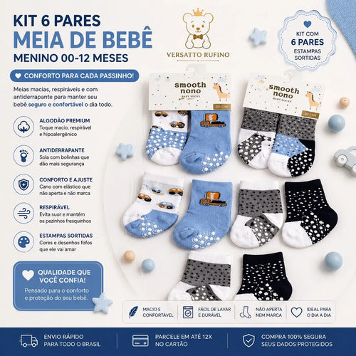 Kit 6 Pares Meia De Bebê Algodão  Menino 00-12 M- Original